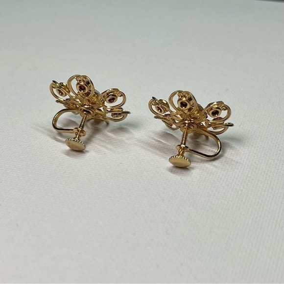 VINTAGE Gold Tone Flower Shaped Screwback Earrings w/ Pink and Clear Rhinestones - Picture 3 of 9